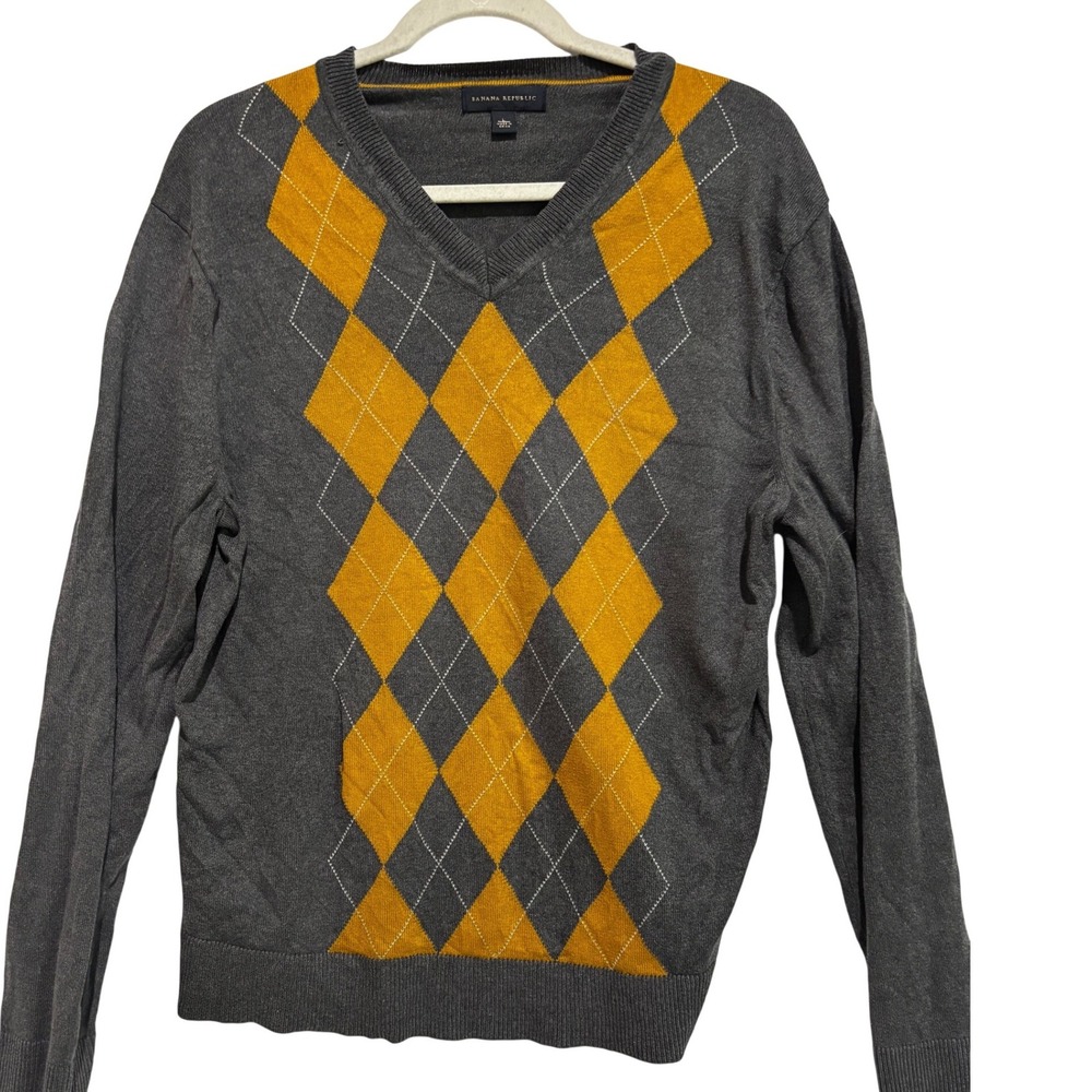 Banana Republic‎ Mens Silk Cashmere gray Argyle V-Neck Sweater L academia preppy